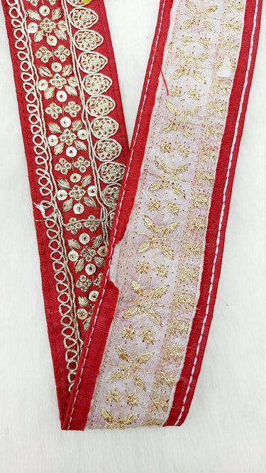 Maroon Red Art Silk Fabric Trim With Gold Floral Embroidery, Floral Sequins Sari Border, Trim By 9 Yards